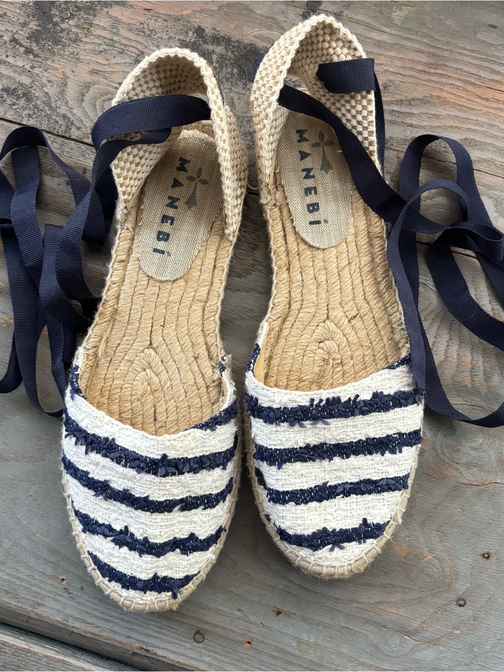 Manebi navy and white canvas espadrille sandals | size 39